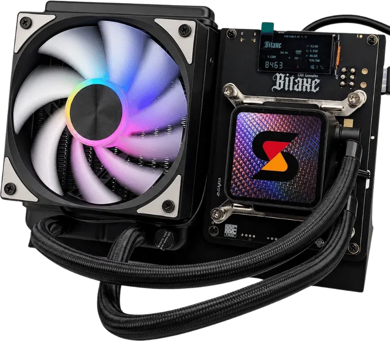 Bitaxe Gamma Hex 1300 six-chip miner with liquid cooler