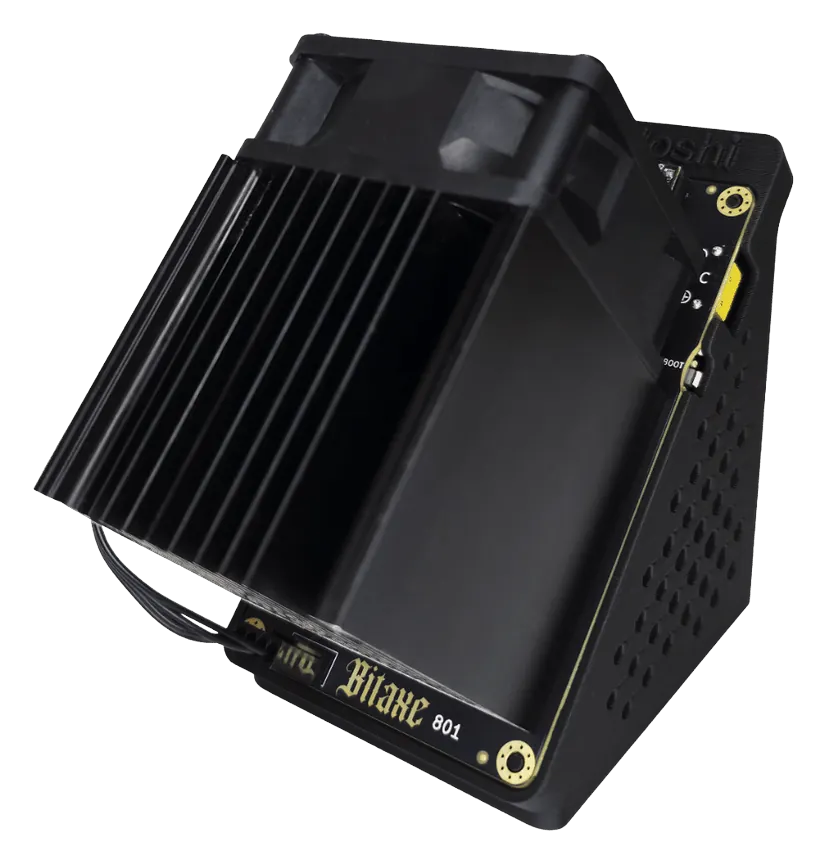 Bitaxe GT 801 (Gamma Turbo) solo Bitcoin miner in its heatsink case