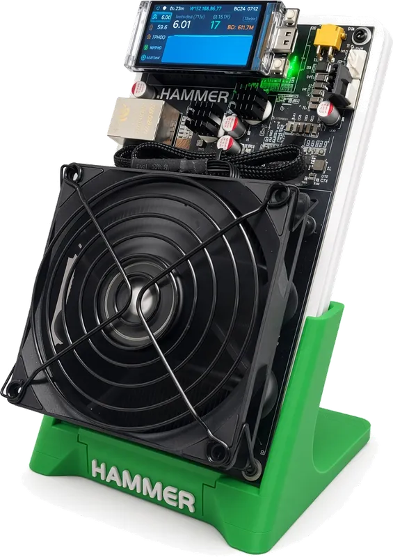 Hammer Miner BC04 desk Bitcoin miner on its stand