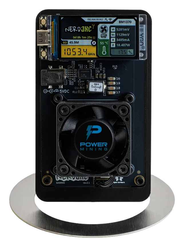 Nerdaxe Gamma solo Bitcoin miner with color display
